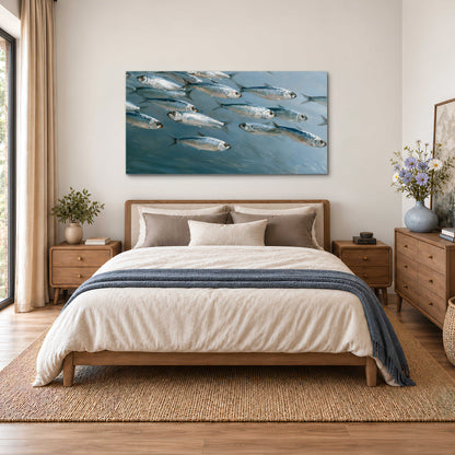 A school of silver fish moving together through cool blue water single canvas wall art styled in an interior