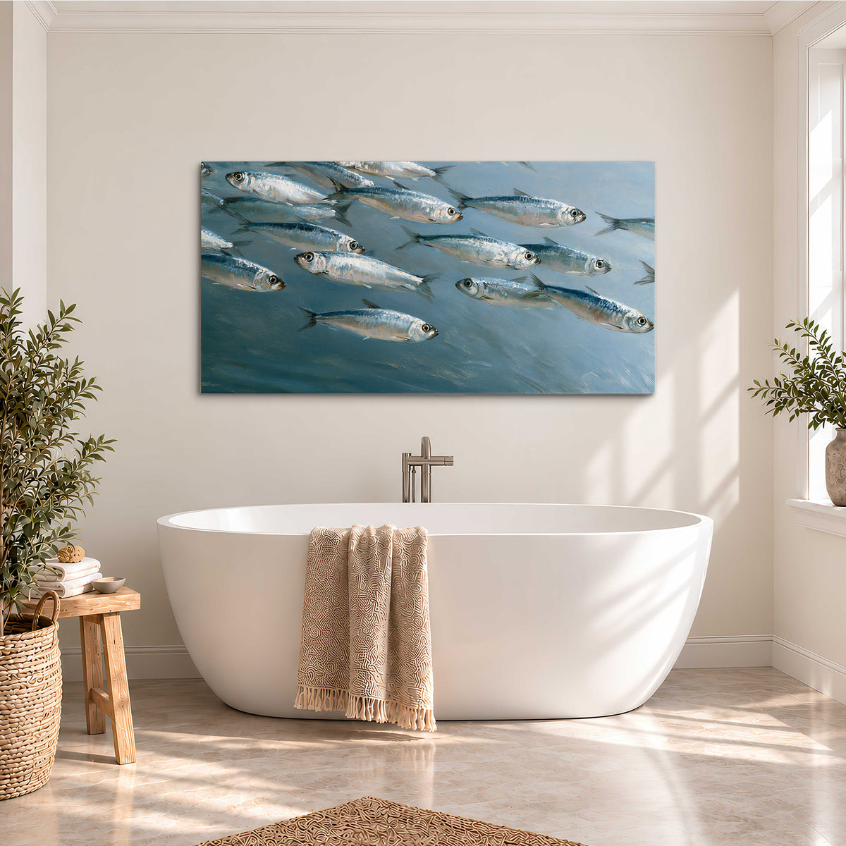 A school of silver fish moving together through cool blue water single canvas wall art styled in an interior