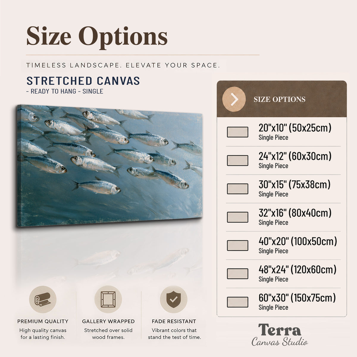 A school of silver fish moving together through cool blue water single canvas wall art available dimensions