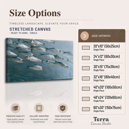 A school of silver fish moving together through cool blue water single canvas wall art available dimensions