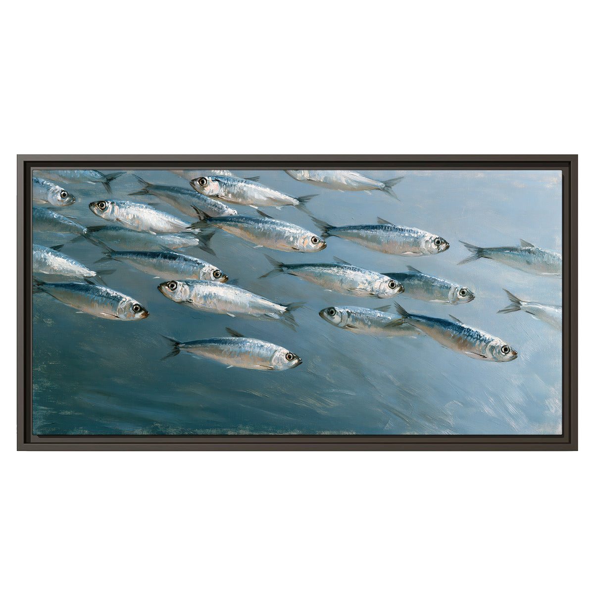 A school of silver fish moving together through cool blue water single framed canvas wall art viewed straight on