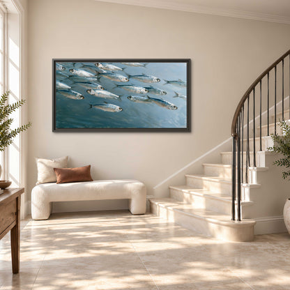 A school of silver fish moving together through cool blue water single framed canvas wall art styled in an interior