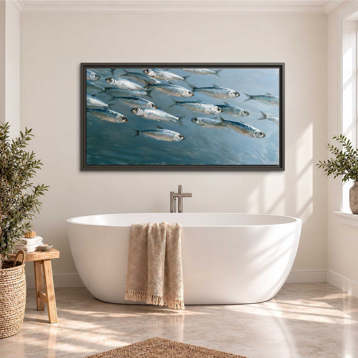 A school of silver fish moving together through cool blue water single framed canvas wall art styled in an interior