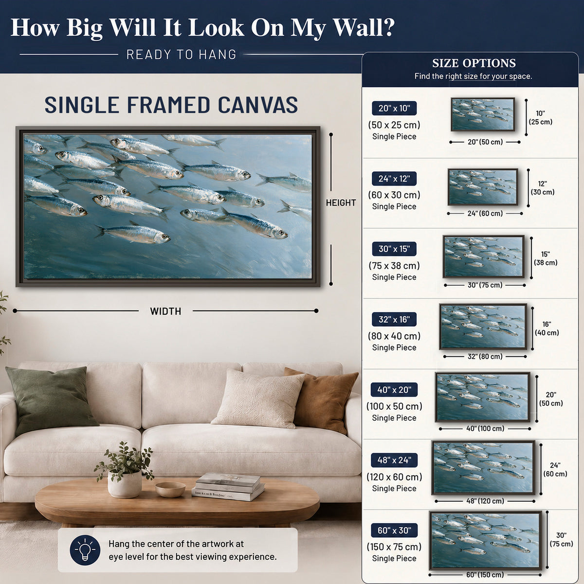 A school of silver fish moving together through cool blue water single framed canvas wall art size guide above a sofa; room view is illustrative