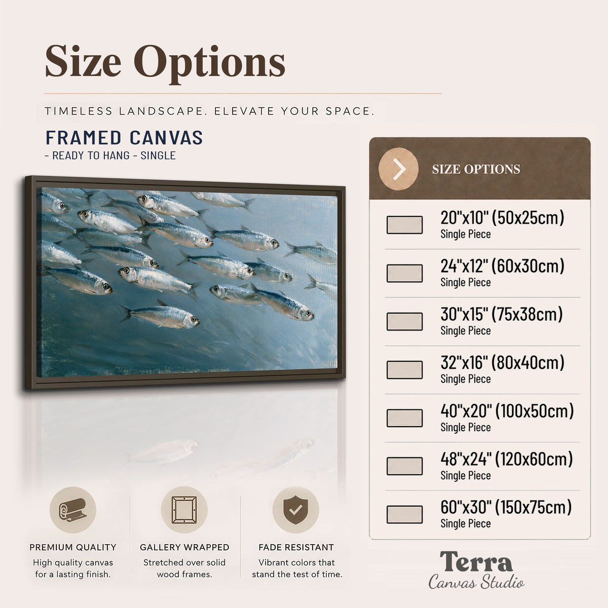 A school of silver fish moving together through cool blue water single framed canvas wall art available dimensions