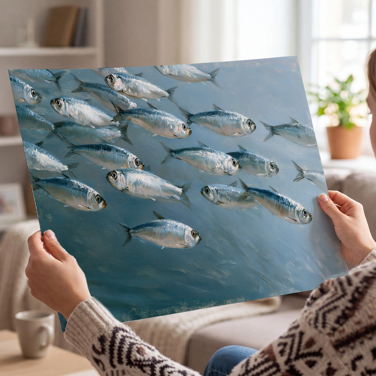 A school of silver fish moving together through cool blue water single poster print held in hands