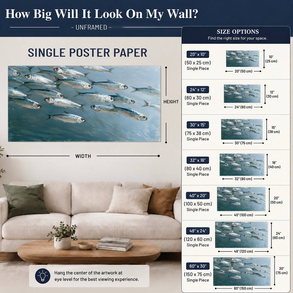 A school of silver fish moving together through cool blue water single poster print size guide above a sofa; room view is illustrative