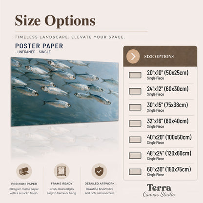 A school of silver fish moving together through cool blue water single poster print available dimensions