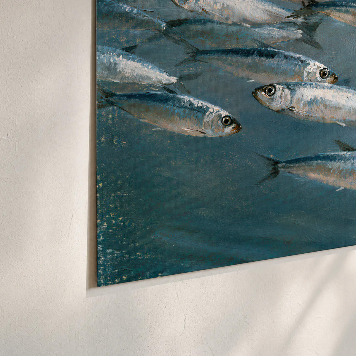 A school of silver fish moving together through cool blue water set of 3 poster prints material and edge close up