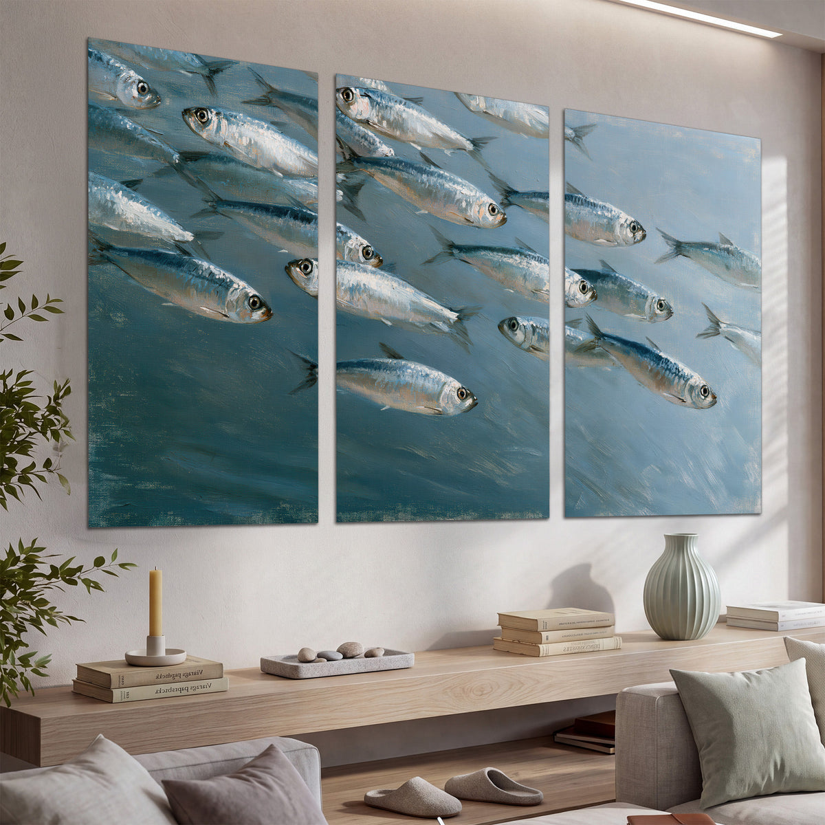 A school of silver fish moving together through cool blue water set of 3 poster prints displayed in a console