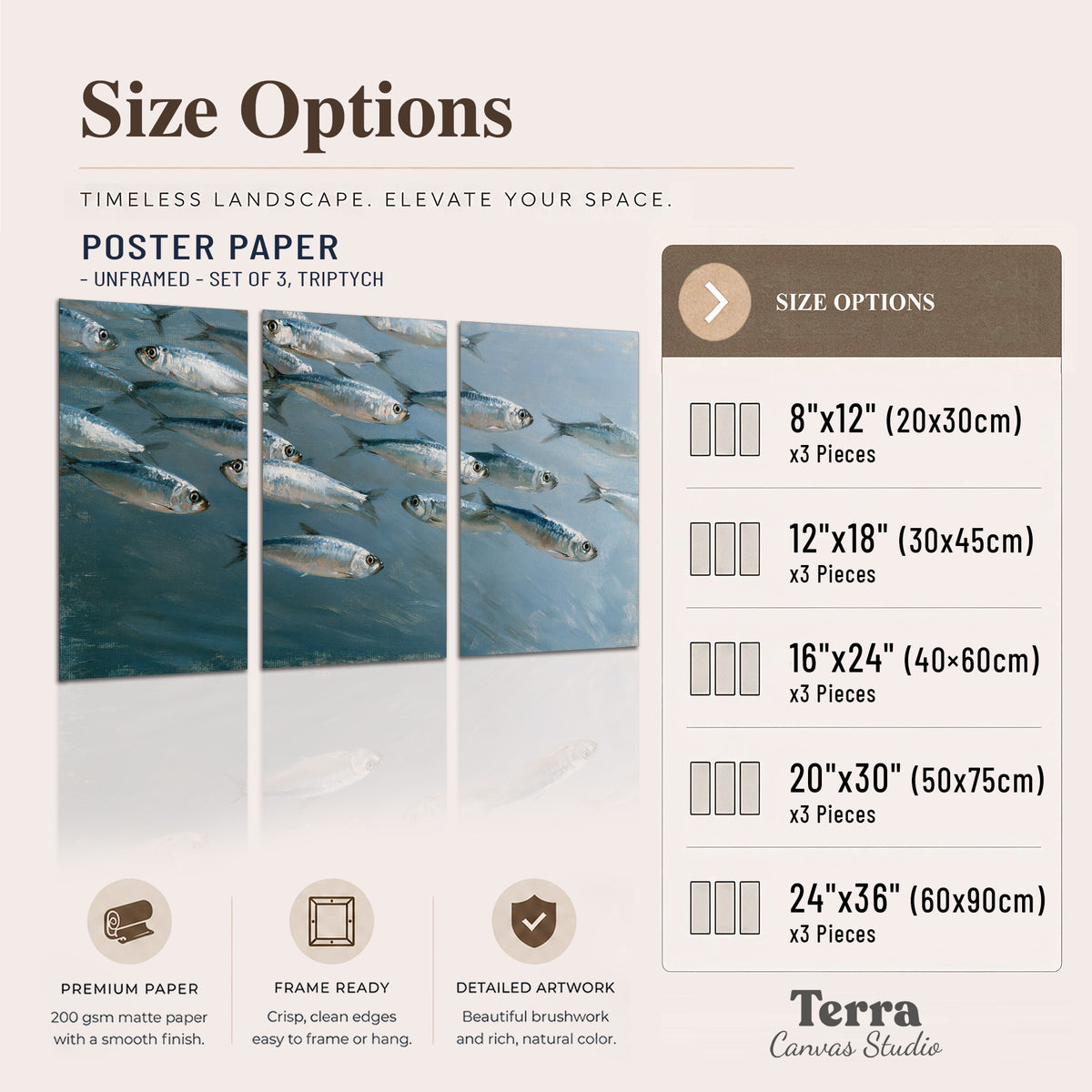 A school of silver fish moving together through cool blue water set of 3 poster prints available dimensions; triptych dimensions are per panel