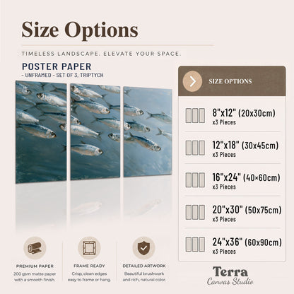 A school of silver fish moving together through cool blue water set of 3 poster prints available dimensions; triptych dimensions are per panel
