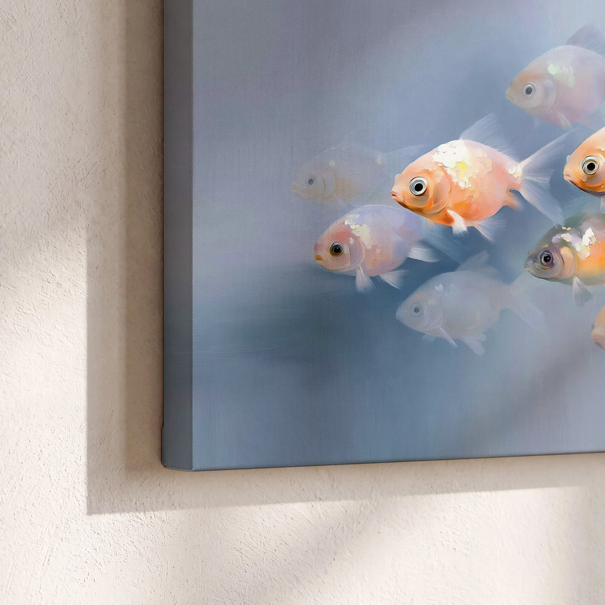Rounded peach and gold fish floating in a softly lit blue underwater scene 3 piece canvas wall art material and edge close up
