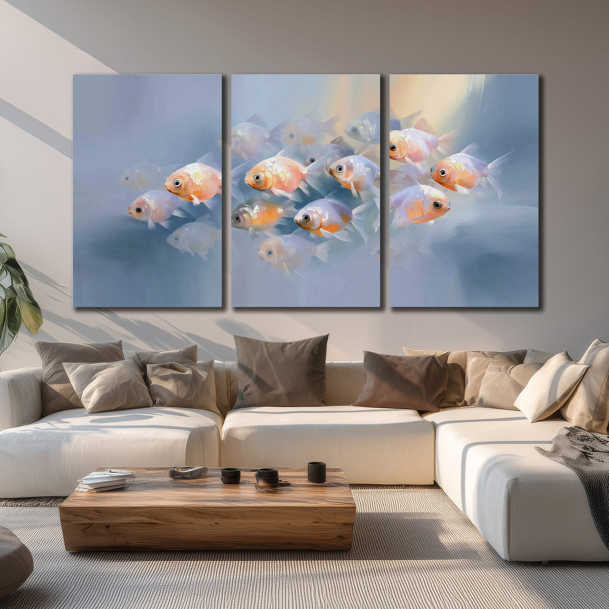Rounded peach and gold fish floating in a softly lit blue underwater scene 3 piece canvas wall art displayed in a living room