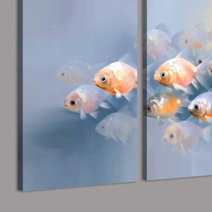 Rounded peach and gold fish floating in a softly lit blue underwater scene 3 piece canvas wall art room and product view