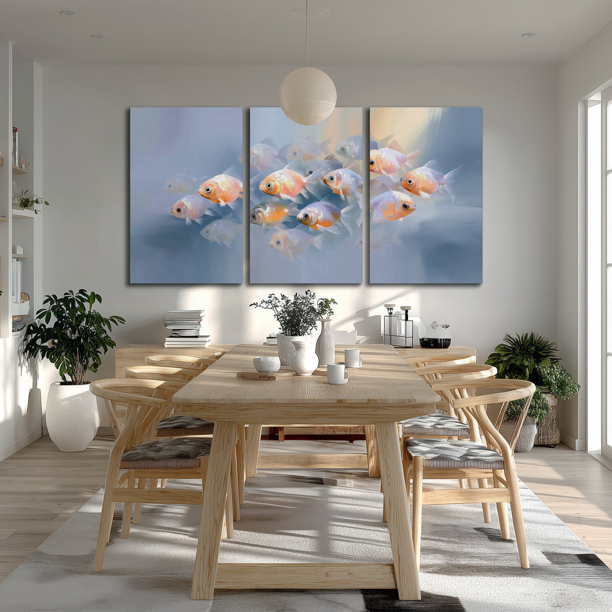 Rounded peach and gold fish floating in a softly lit blue underwater scene 3 piece canvas wall art room and product view