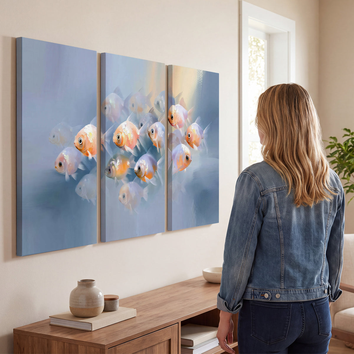 Rounded peach and gold fish floating in a softly lit blue underwater scene 3 piece canvas wall art three panel arrangement on a wall