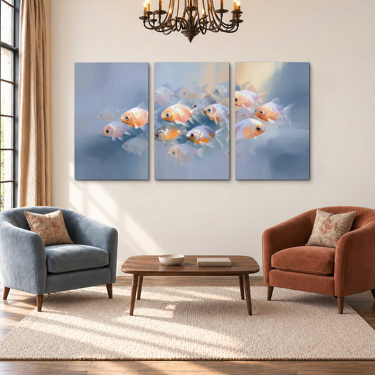 Rounded peach and gold fish floating in a softly lit blue underwater scene 3 piece canvas wall art styled in an interior