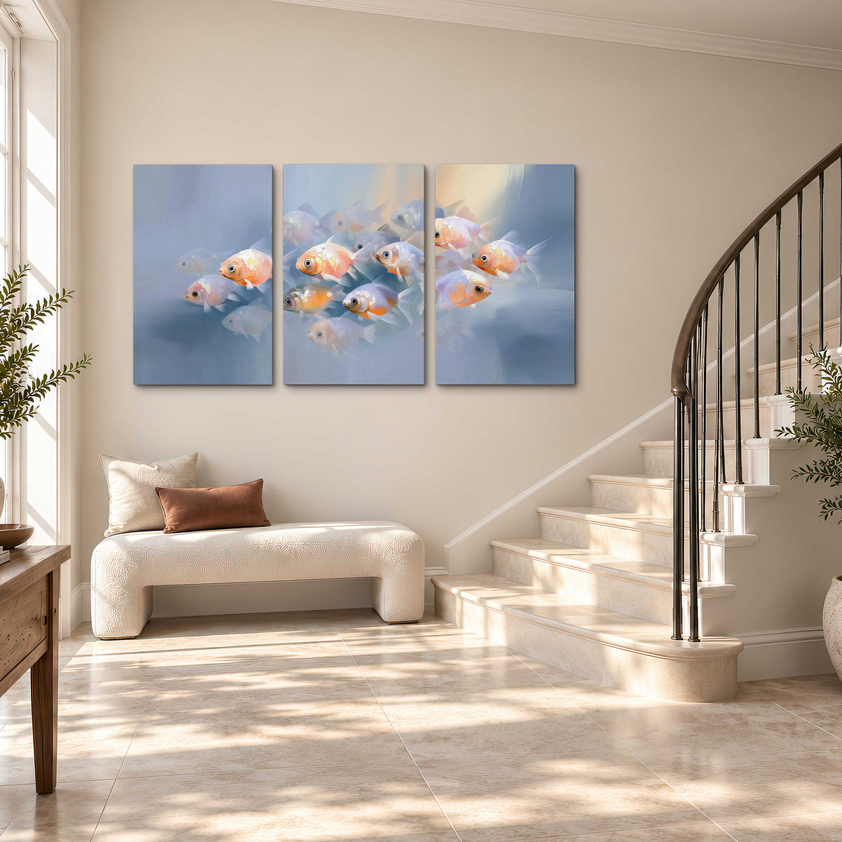 Rounded peach and gold fish floating in a softly lit blue underwater scene 3 piece canvas wall art styled in an interior