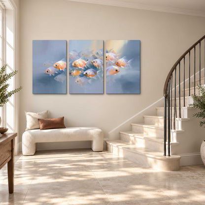 Rounded peach and gold fish floating in a softly lit blue underwater scene 3 piece canvas wall art styled in an interior