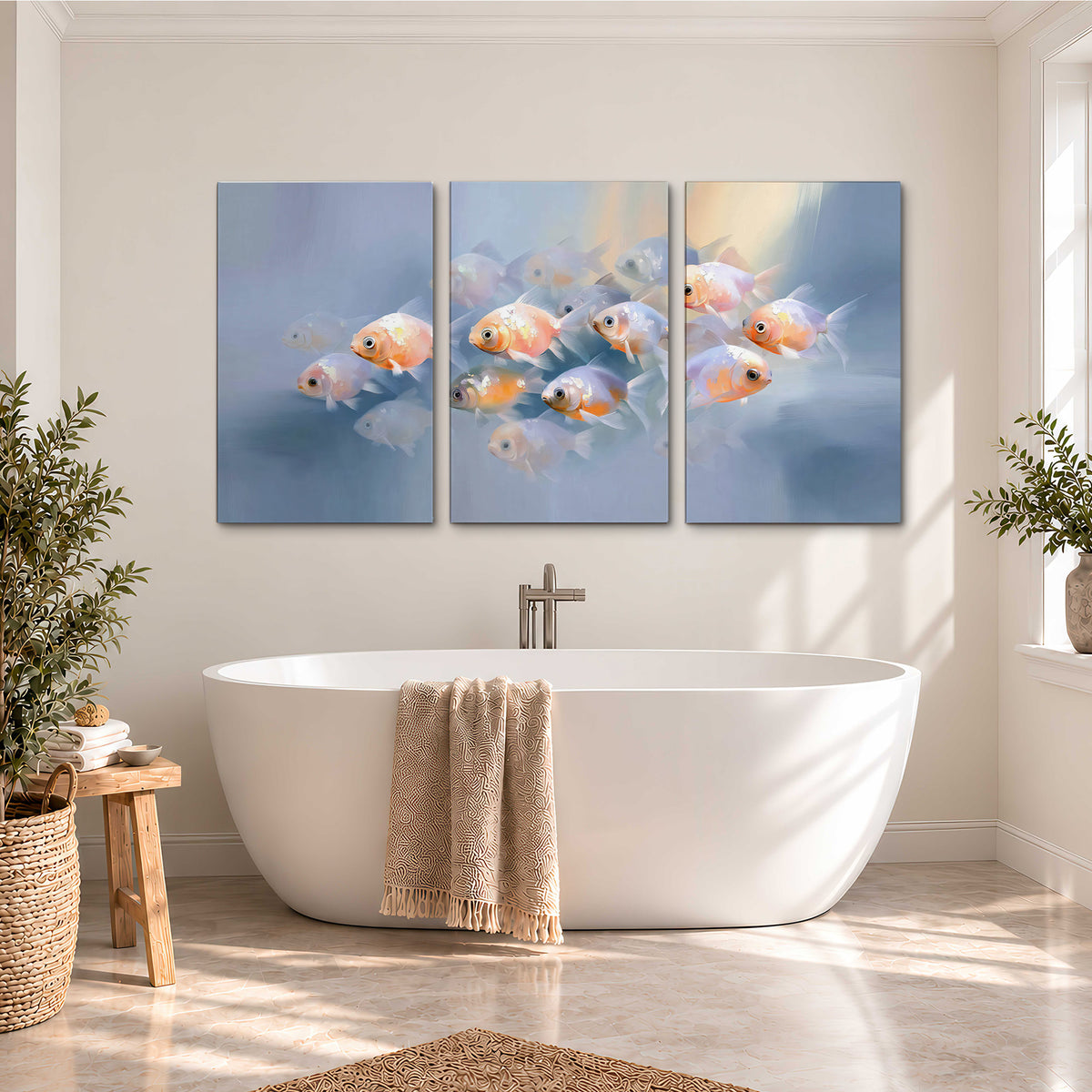 Rounded peach and gold fish floating in a softly lit blue underwater scene 3 piece canvas wall art styled in an interior