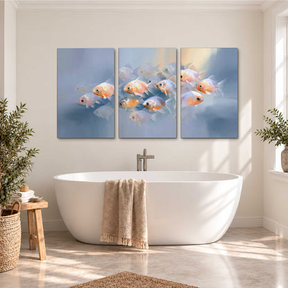 Rounded peach and gold fish floating in a softly lit blue underwater scene 3 piece canvas wall art styled in an interior