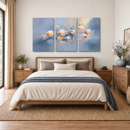 Rounded peach and gold fish floating in a softly lit blue underwater scene 3 piece canvas wall art styled in an interior