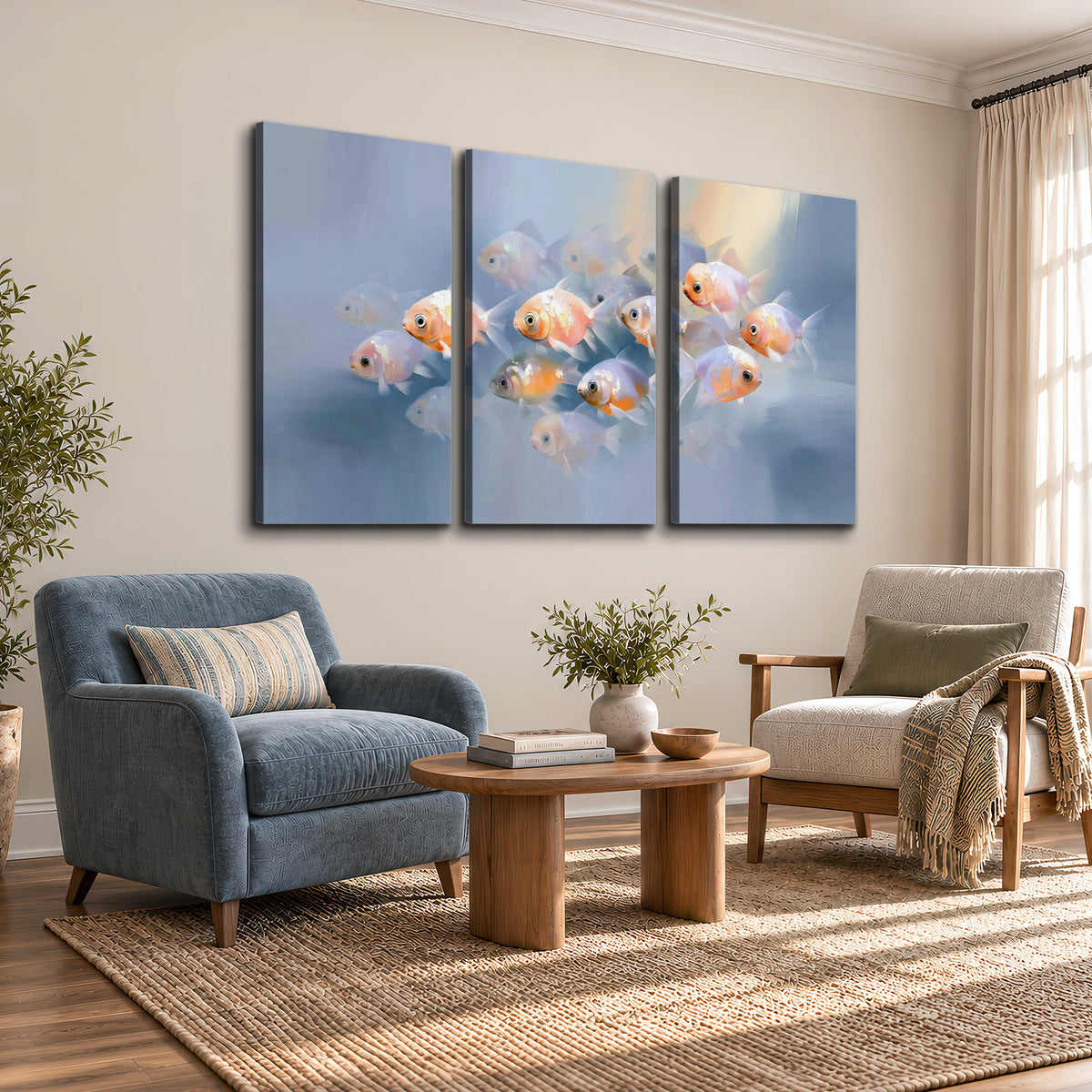 Rounded peach and gold fish floating in a softly lit blue underwater scene 3 piece canvas wall art styled in an interior