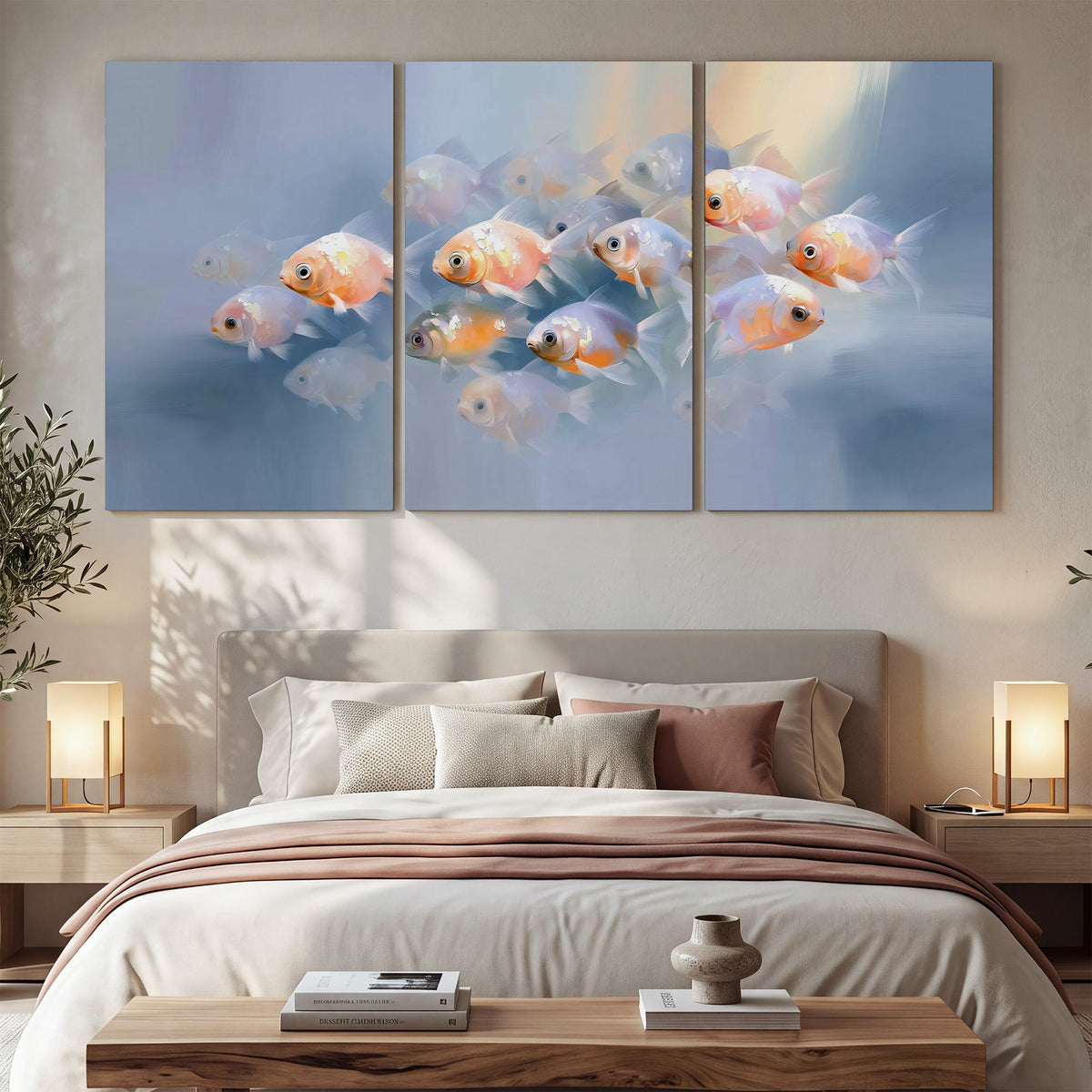 Rounded peach and gold fish floating in a softly lit blue underwater scene 3 piece canvas wall art displayed in a bedroom