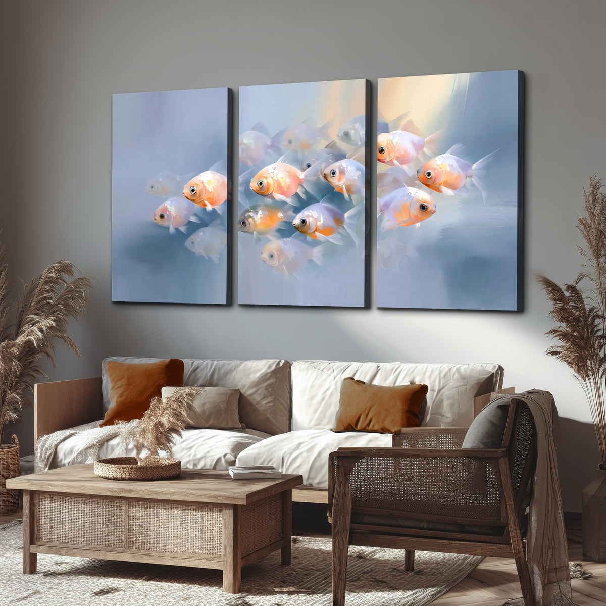 Rounded peach and gold fish floating in a softly lit blue underwater scene 3 piece canvas wall art displayed in a rustic living room
