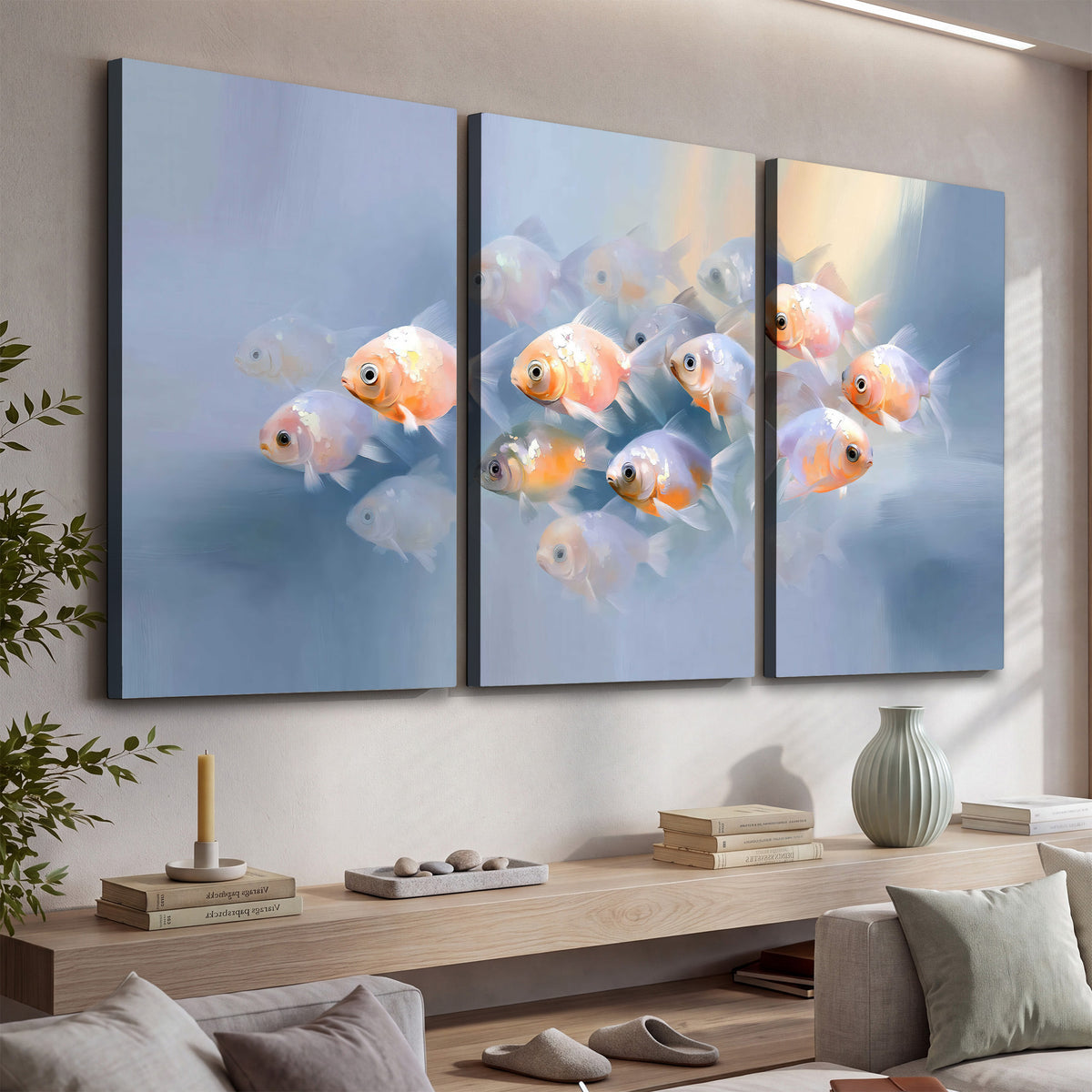 Rounded peach and gold fish floating in a softly lit blue underwater scene 3 piece canvas wall art displayed in a console