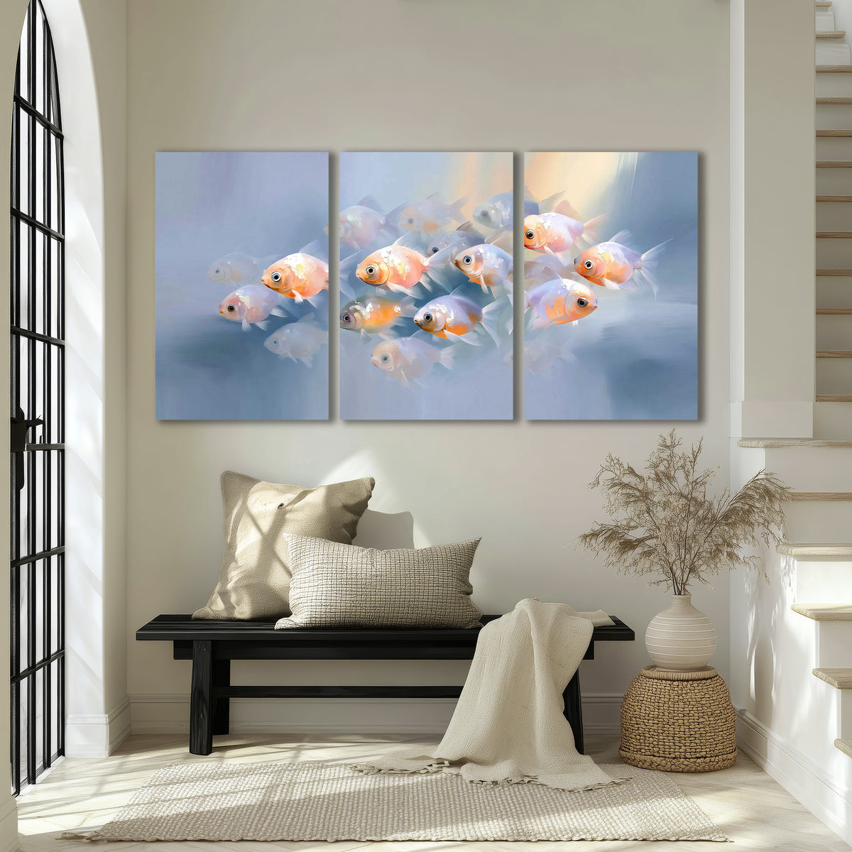 Rounded peach and gold fish floating in a softly lit blue underwater scene 3 piece canvas wall art displayed in a entryway