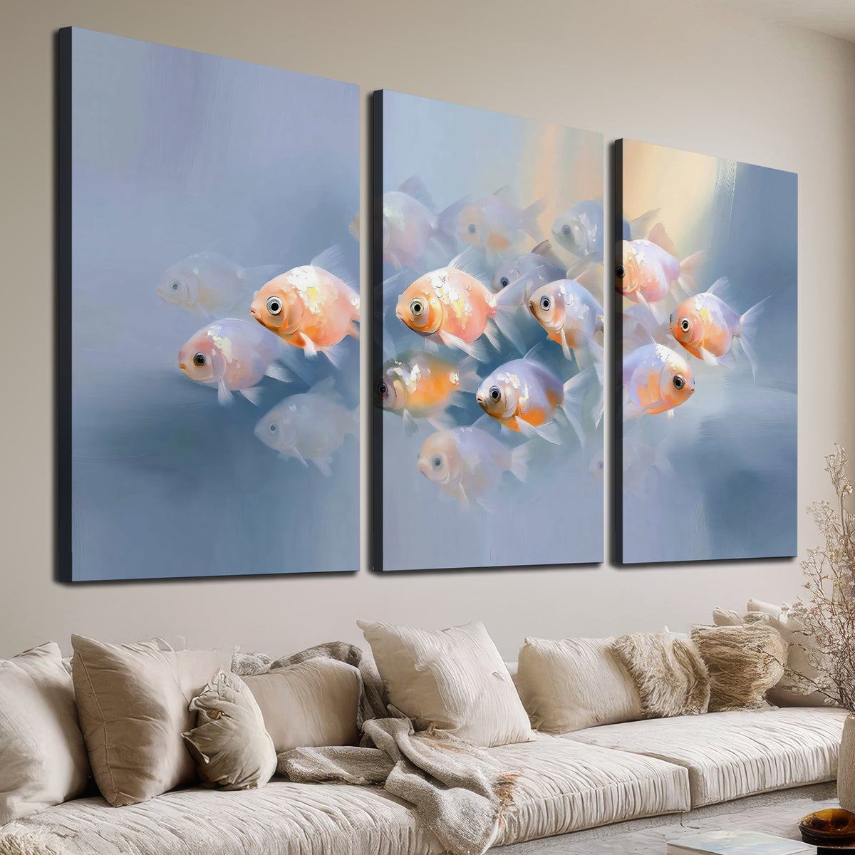 Rounded peach and gold fish floating in a softly lit blue underwater scene 3 piece canvas wall art room and product view