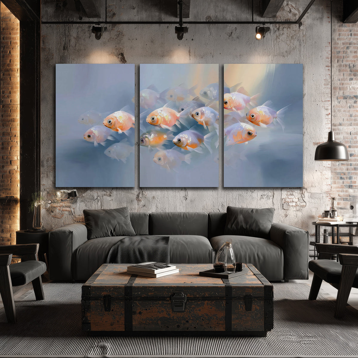 Rounded peach and gold fish floating in a softly lit blue underwater scene 3 piece canvas wall art displayed in a industrial room