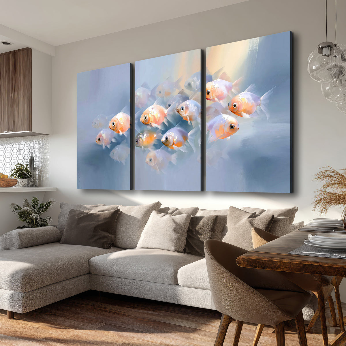 Rounded peach and gold fish floating in a softly lit blue underwater scene 3 piece canvas wall art room and product view
