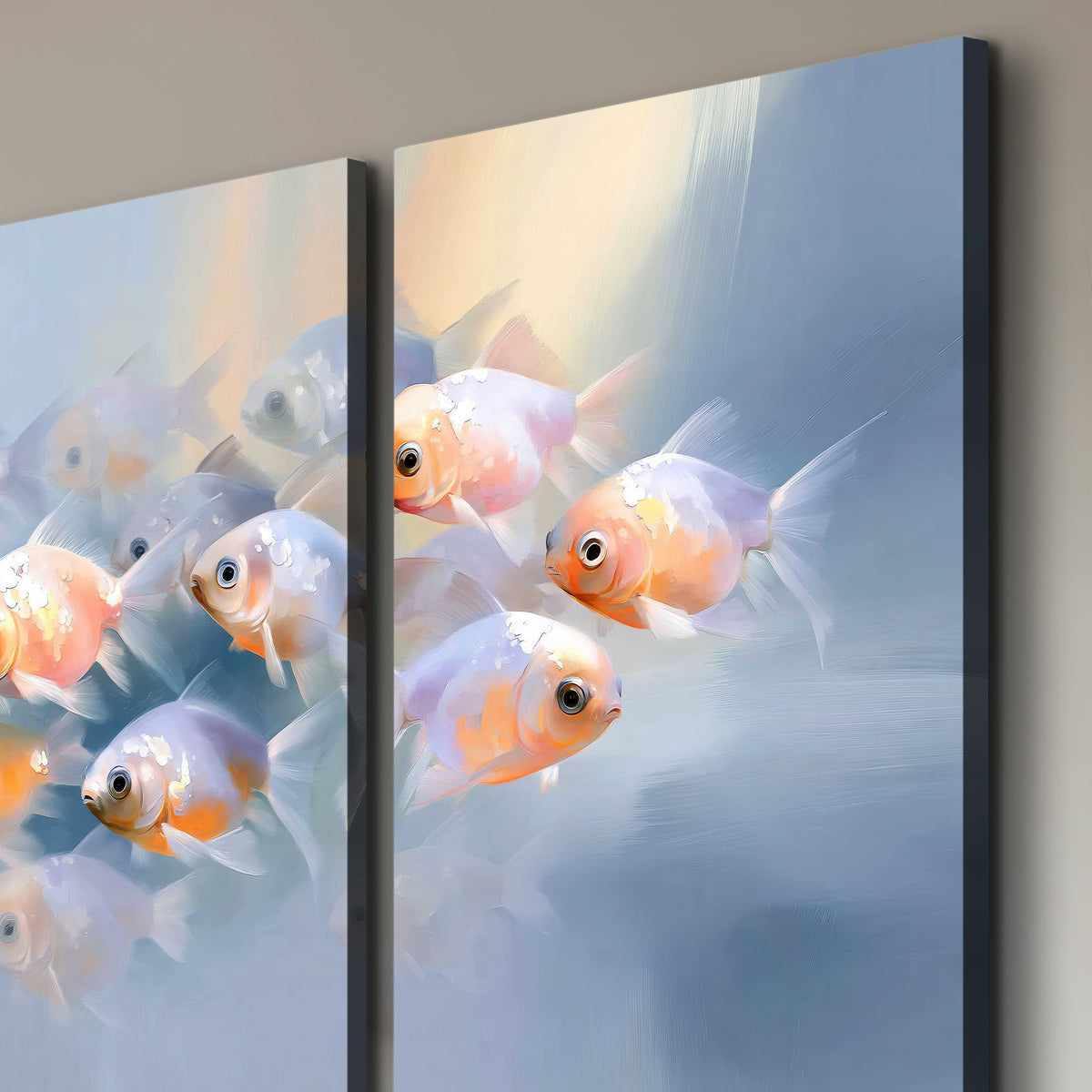 Rounded peach and gold fish floating in a softly lit blue underwater scene 3 piece canvas wall art room and product view