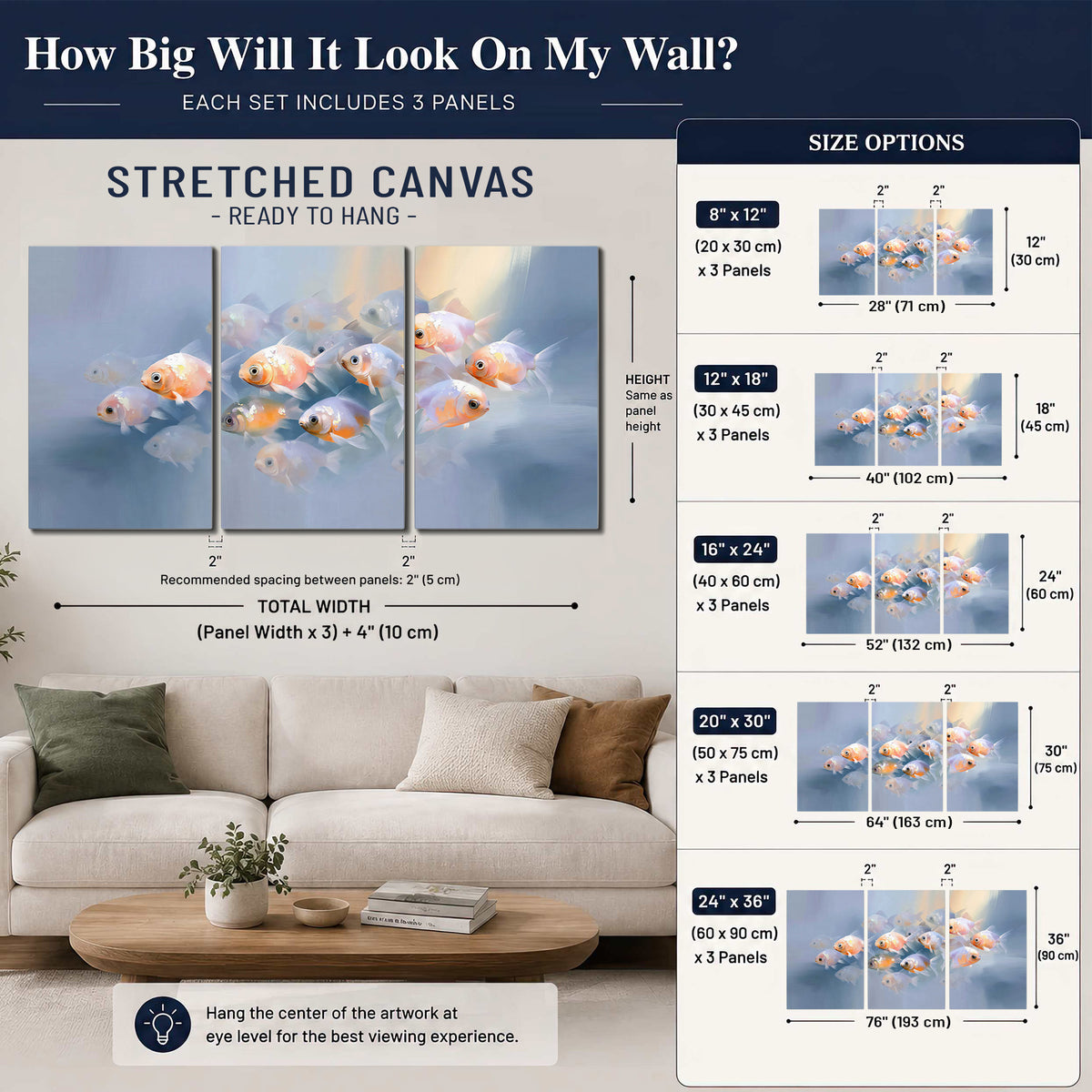 Rounded peach and gold fish floating in a softly lit blue underwater scene 3 piece canvas wall art size guide above a sofa; room view is illustrative