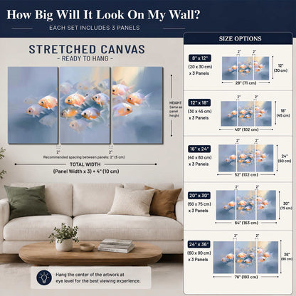 Rounded peach and gold fish floating in a softly lit blue underwater scene 3 piece canvas wall art size guide above a sofa; room view is illustrative