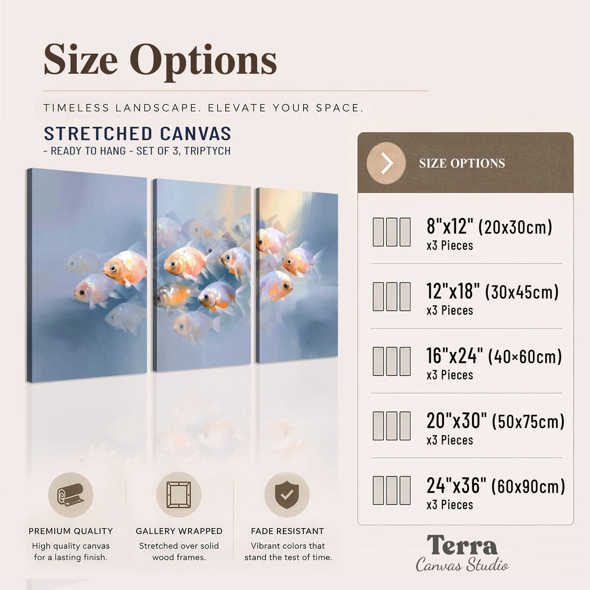 Rounded peach and gold fish floating in a softly lit blue underwater scene 3 piece canvas wall art available dimensions; triptych dimensions are per panel