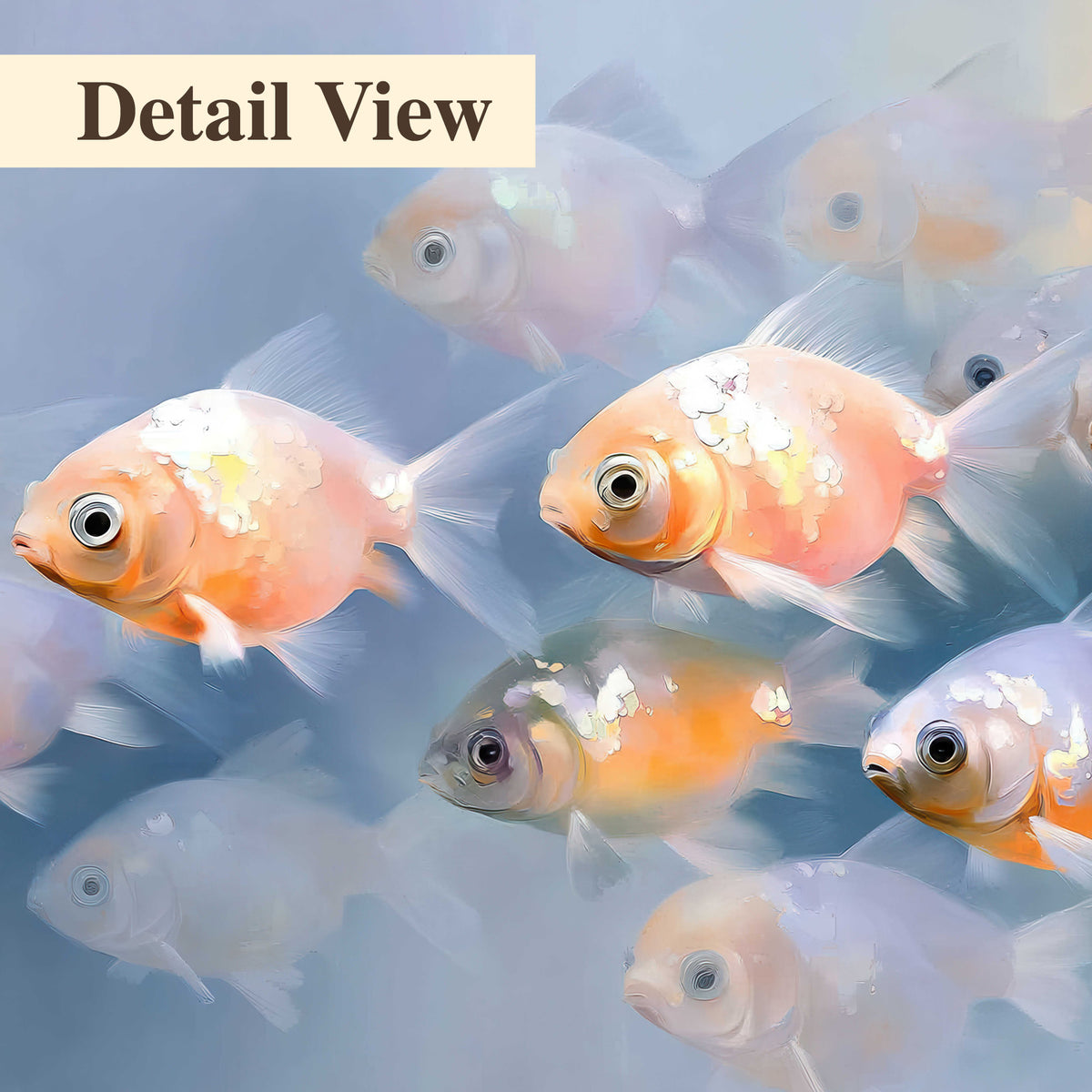 Rounded peach and gold fish floating in a softly lit blue underwater scene 3 piece canvas wall art artwork detail close up