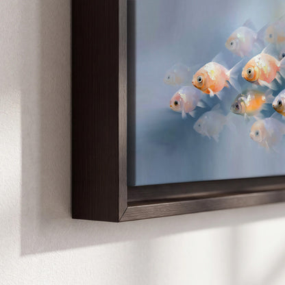 Rounded peach and gold fish floating in a softly lit blue underwater scene 3 piece framed canvas wall art material and edge close up