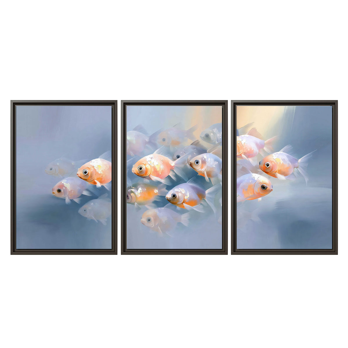 Rounded peach and gold fish floating in a softly lit blue underwater scene 3 piece framed canvas wall art viewed straight on