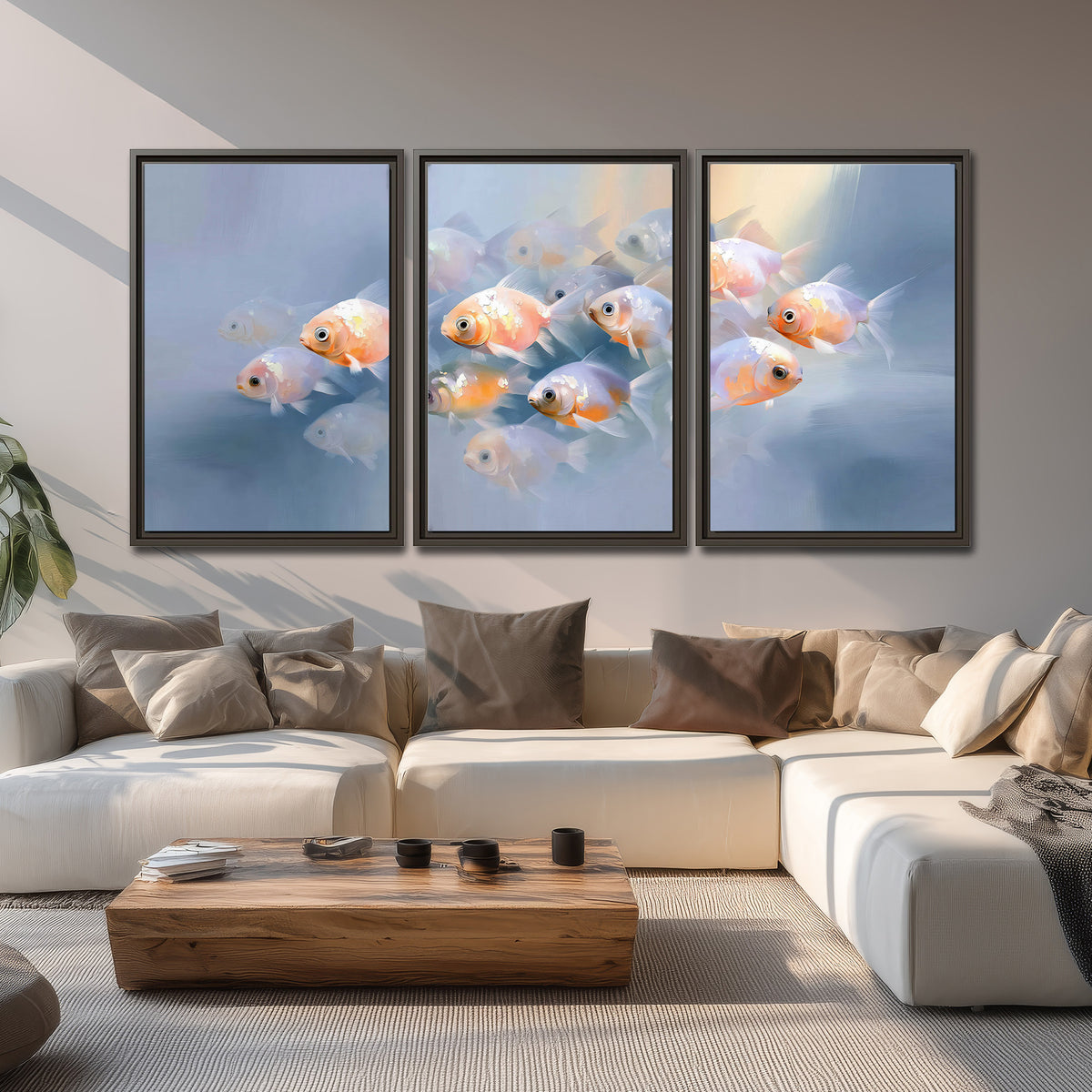 Rounded peach and gold fish floating in a softly lit blue underwater scene 3 piece framed canvas wall art displayed in a living room