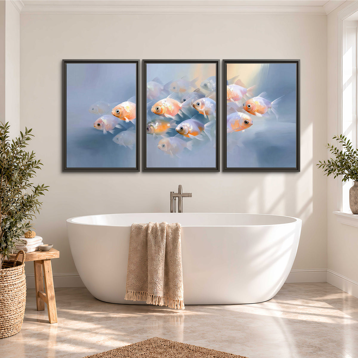 Rounded peach and gold fish floating in a softly lit blue underwater scene 3 piece framed canvas wall art styled in an interior