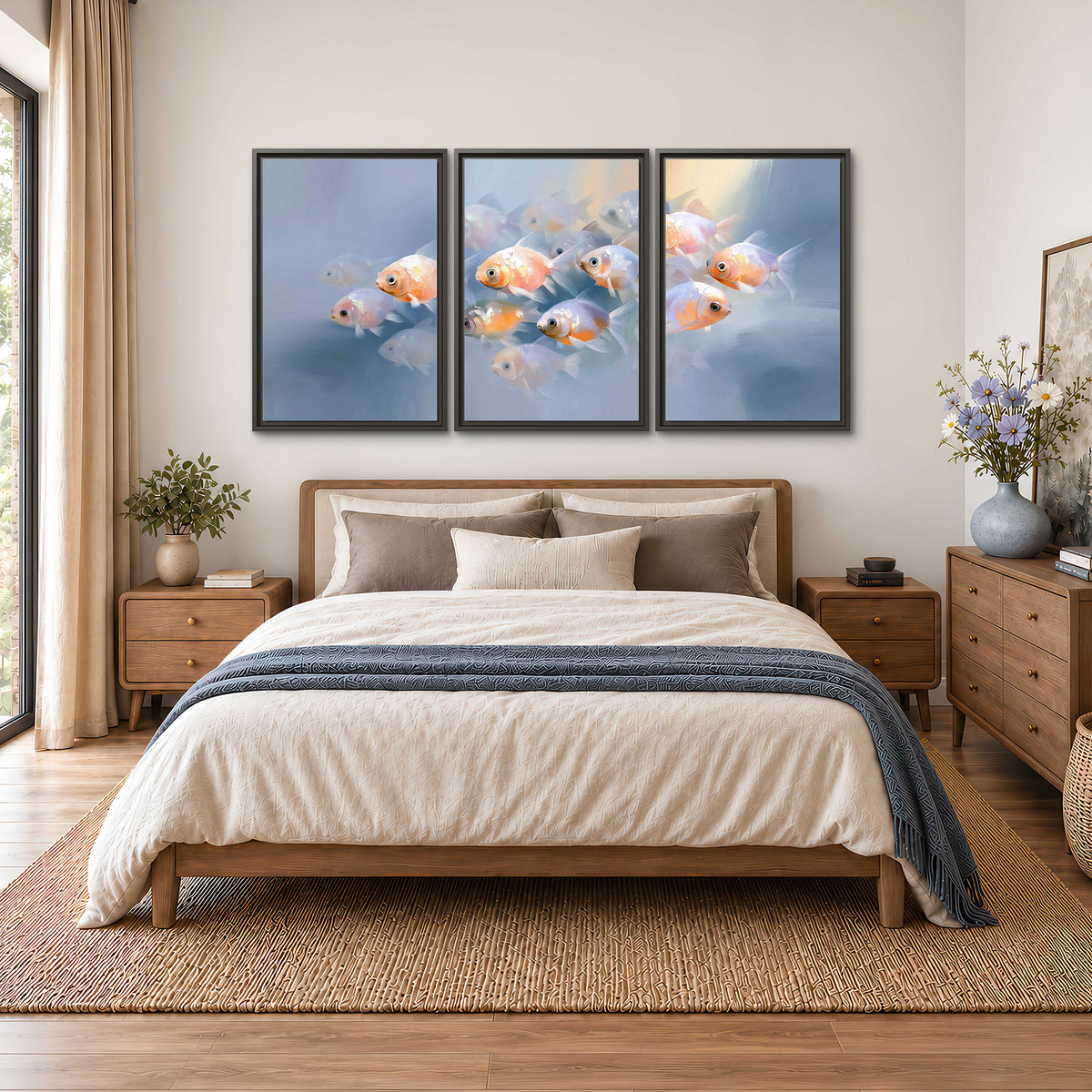 Rounded peach and gold fish floating in a softly lit blue underwater scene 3 piece framed canvas wall art styled in an interior