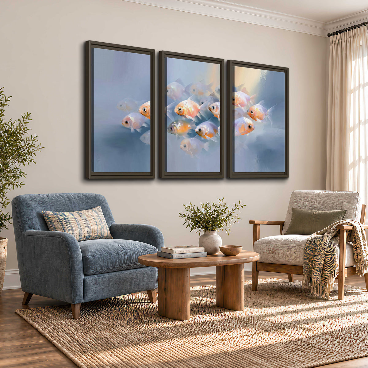 Rounded peach and gold fish floating in a softly lit blue underwater scene 3 piece framed canvas wall art styled in an interior