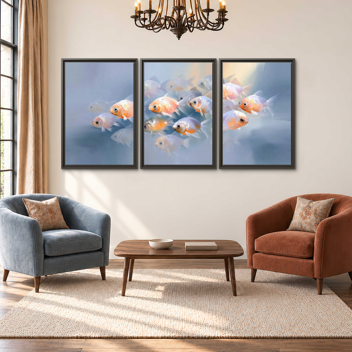 Rounded peach and gold fish floating in a softly lit blue underwater scene 3 piece framed canvas wall art styled in an interior