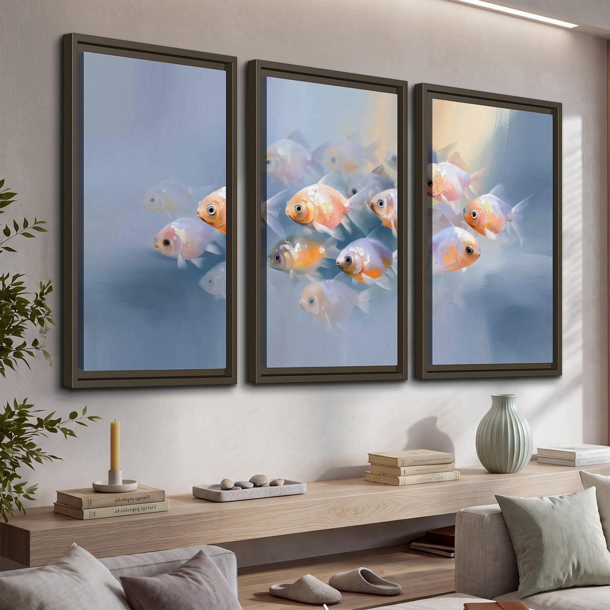 Rounded peach and gold fish floating in a softly lit blue underwater scene 3 piece framed canvas wall art displayed in a console