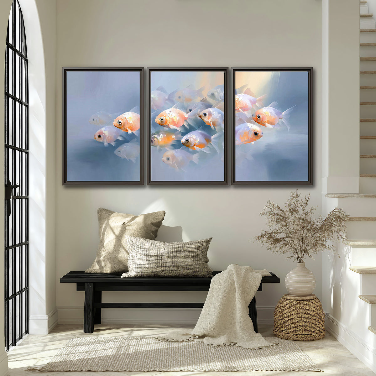 Rounded peach and gold fish floating in a softly lit blue underwater scene 3 piece framed canvas wall art displayed in a entryway