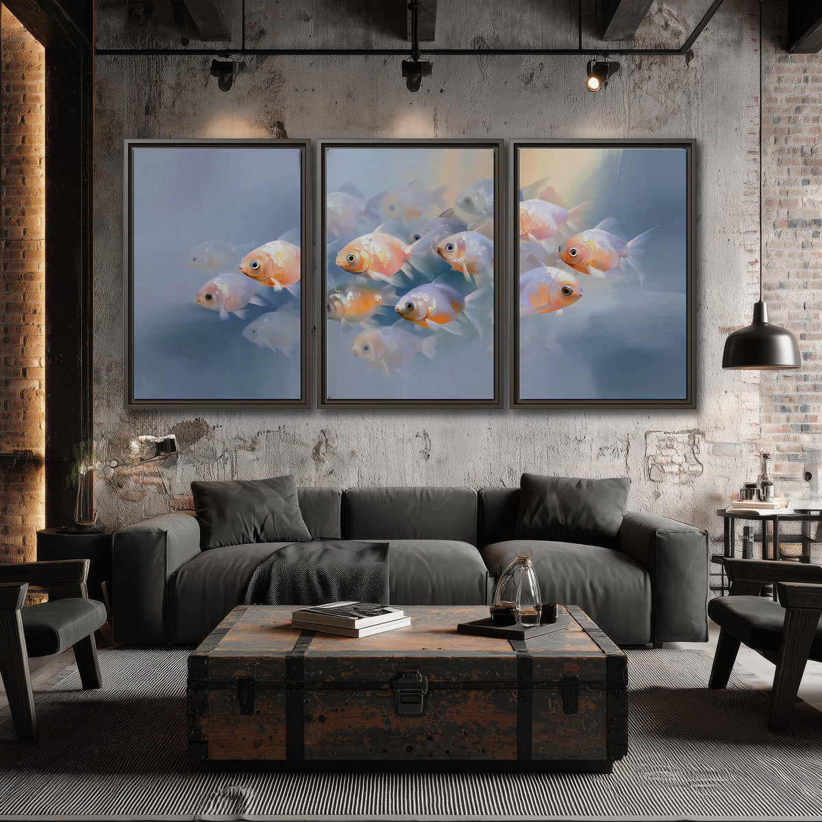Rounded peach and gold fish floating in a softly lit blue underwater scene 3 piece framed canvas wall art displayed in a industrial room